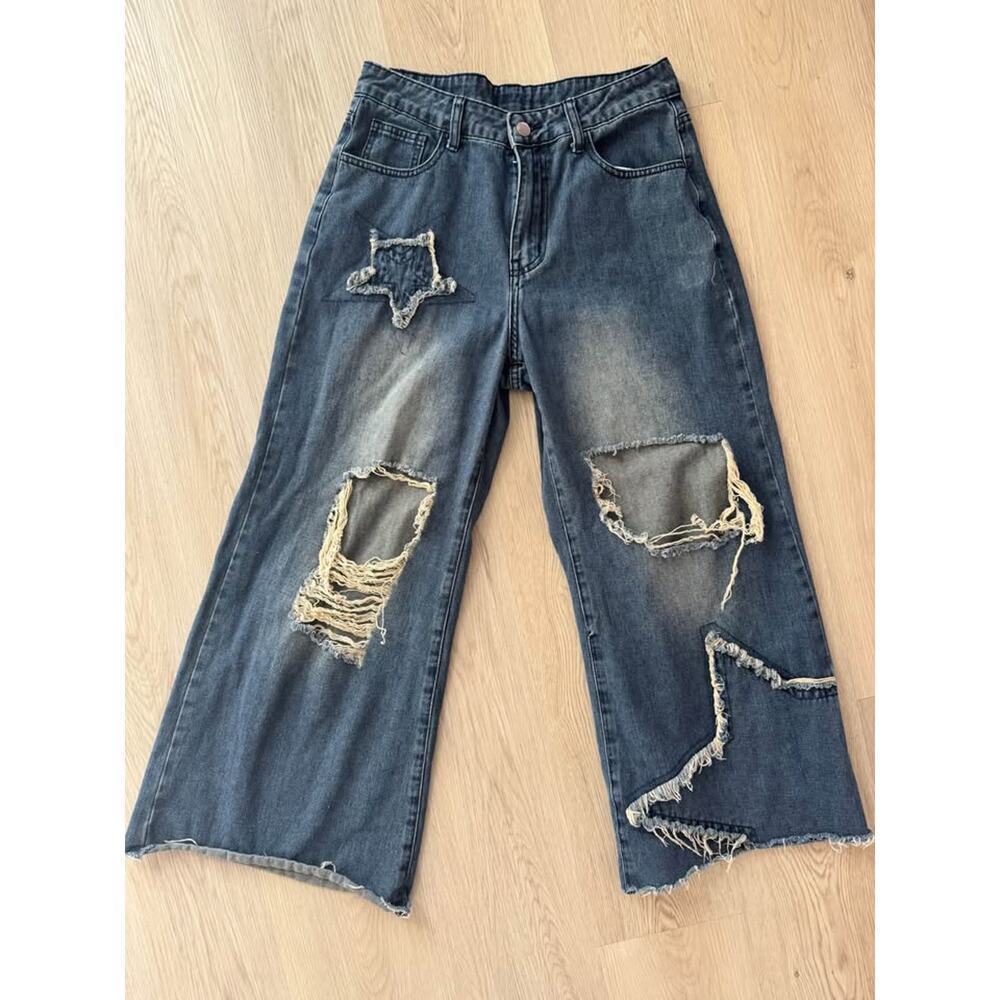 Grunge Punk Ripped Wide Leg High Waist Cropped Jeans Medium Size 6